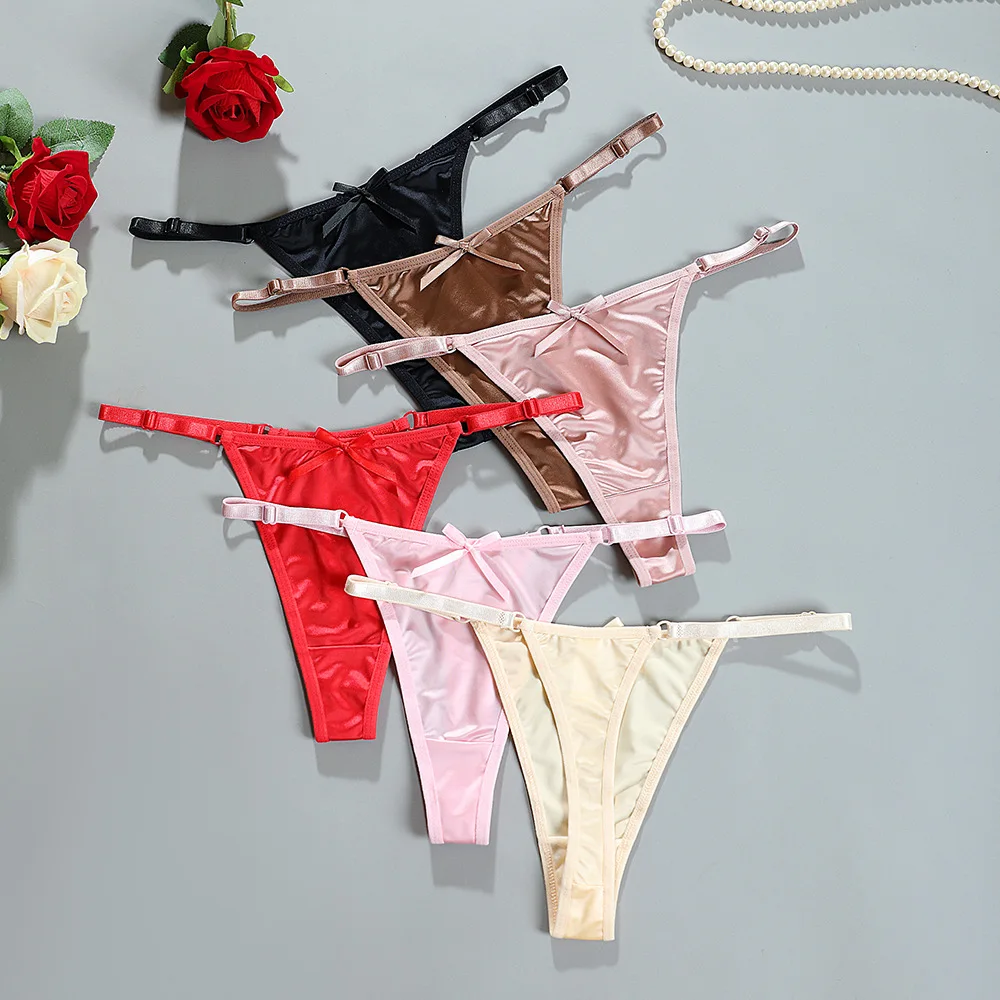 سراويل مثيرة للفتيات من الساتان قابلة للتعديل على شكل حرف G سراويل مريحة بفيونكة منخفضة الارتفاع ملابس داخلية بدون خياطة للنساء