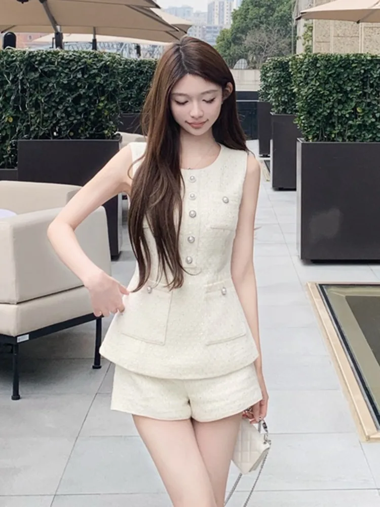 

High Quality Luxury Tweed Two Piece Pant Sets For Women Vest Tops + Shorts Sets Lady 2 Piece Sets Women Outfit Conjuntos Cortos