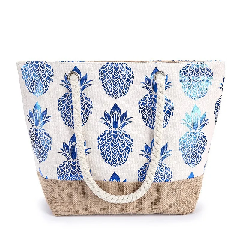 Foldable Shopping Bags Zipper Portable Leaf Print Beach Shopping Tote Bag Large Capacity Reusable Handbags for women Summer 2022