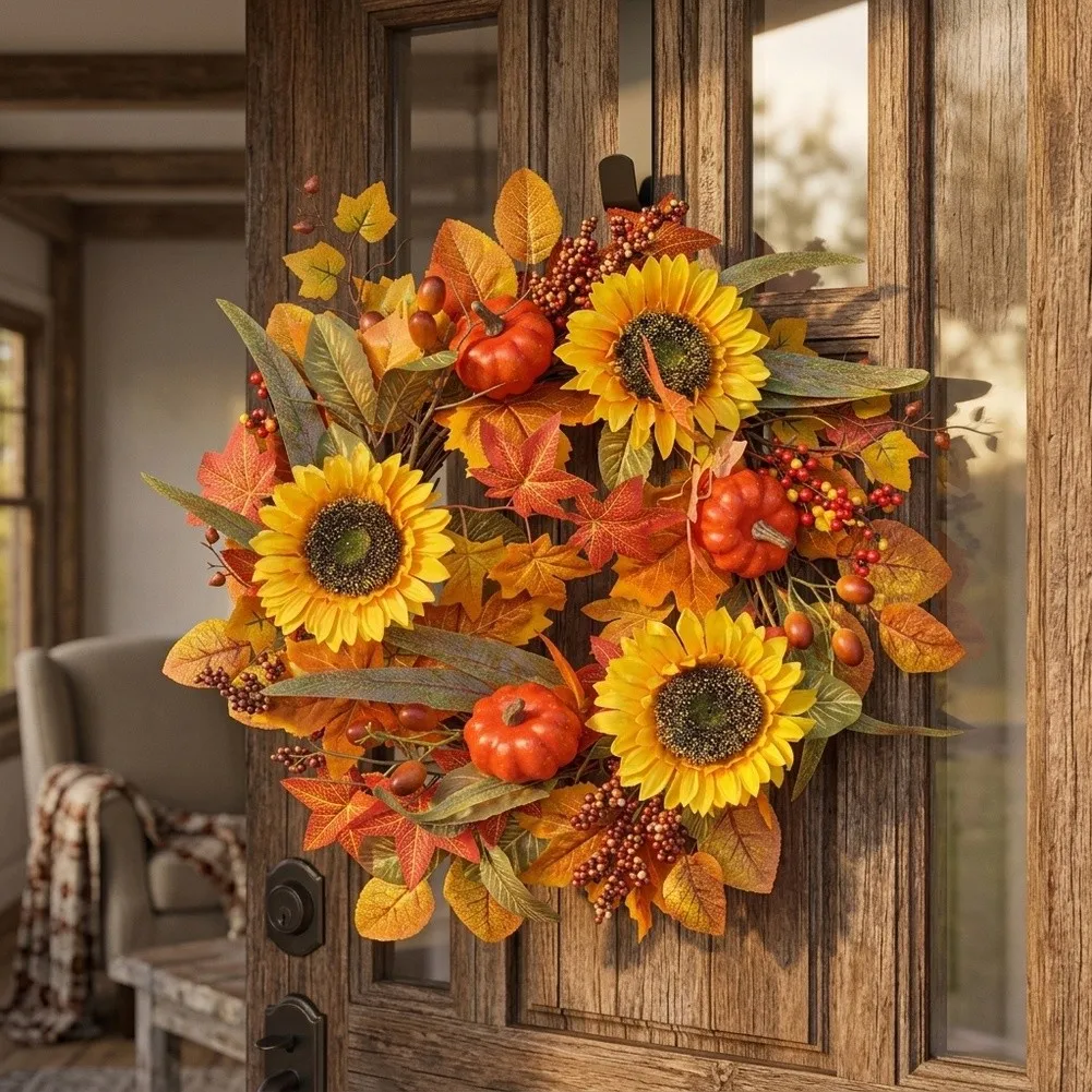 Autumn Harvest Sunflower Wreath for Front Door or Wall Decor Plastic Floral Arrangement with Warm Seasonal Theme