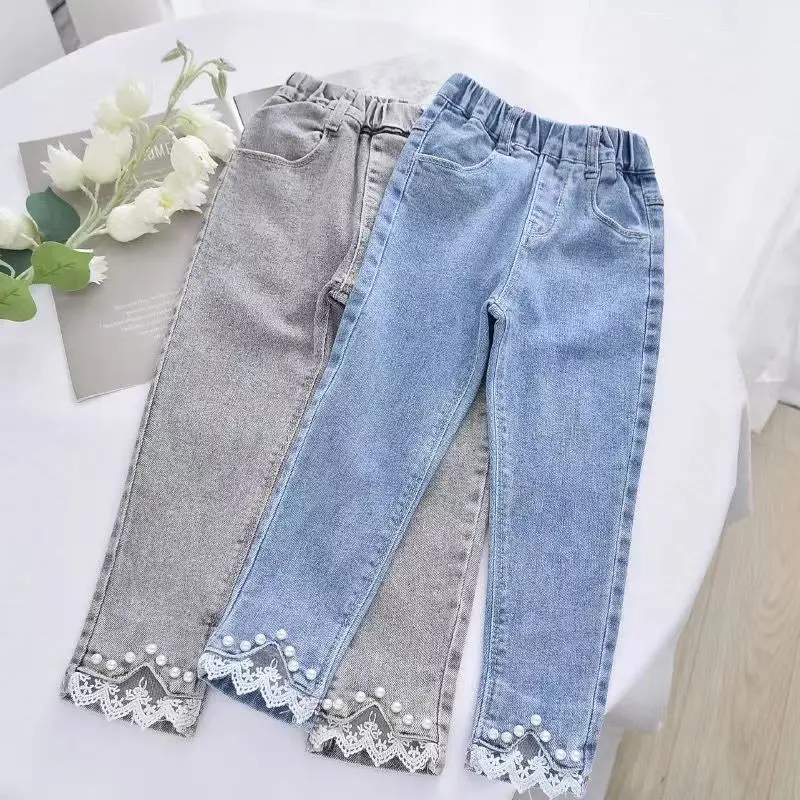 Kids Girls Spring And Autumn Pearl Jeans 2023 New Children\'s Pants ashionable Middle School Children\'s Baby Elastic Pants 2-8Y