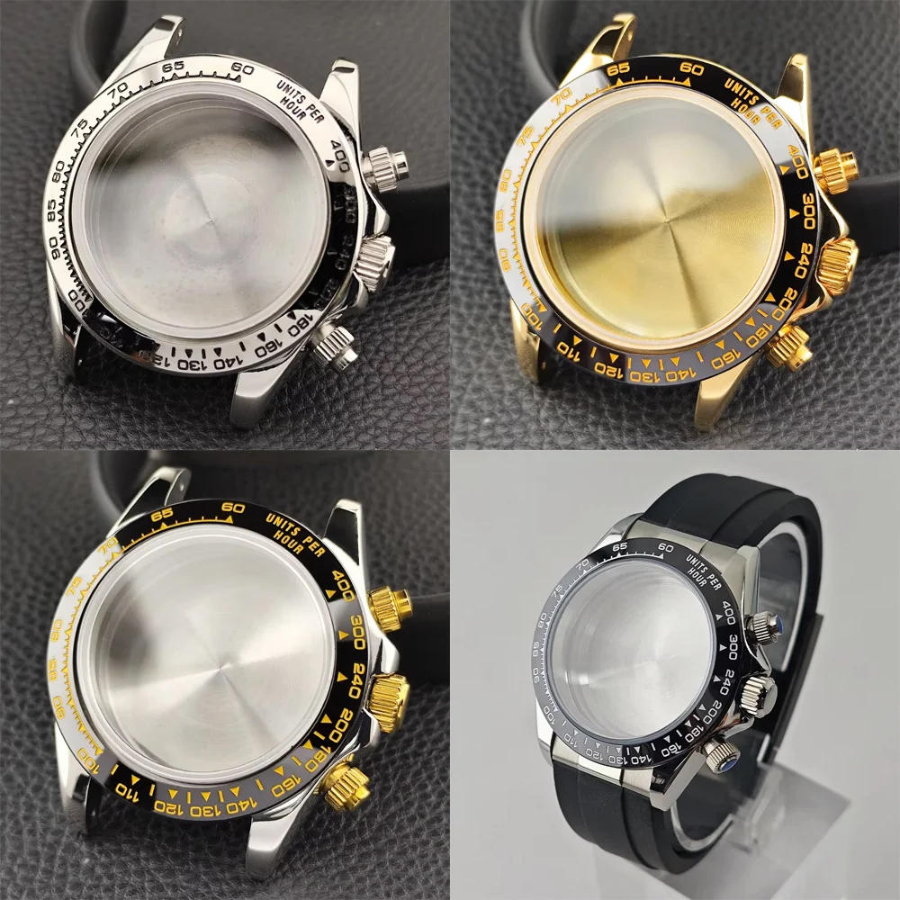 39.3mm Case Slivey / Black Stainless Steel Case Fit VK63A Movement Case Sapphire Crystal Glass Case 20mm Strap Watch Box