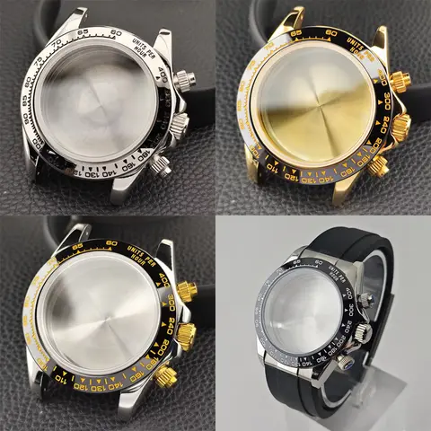 39.3mm Case Slivey / Black Stainless Steel Case Fit VK63A Movement Case Sapphire Crystal Glass Case 20mm Strap Watch Box