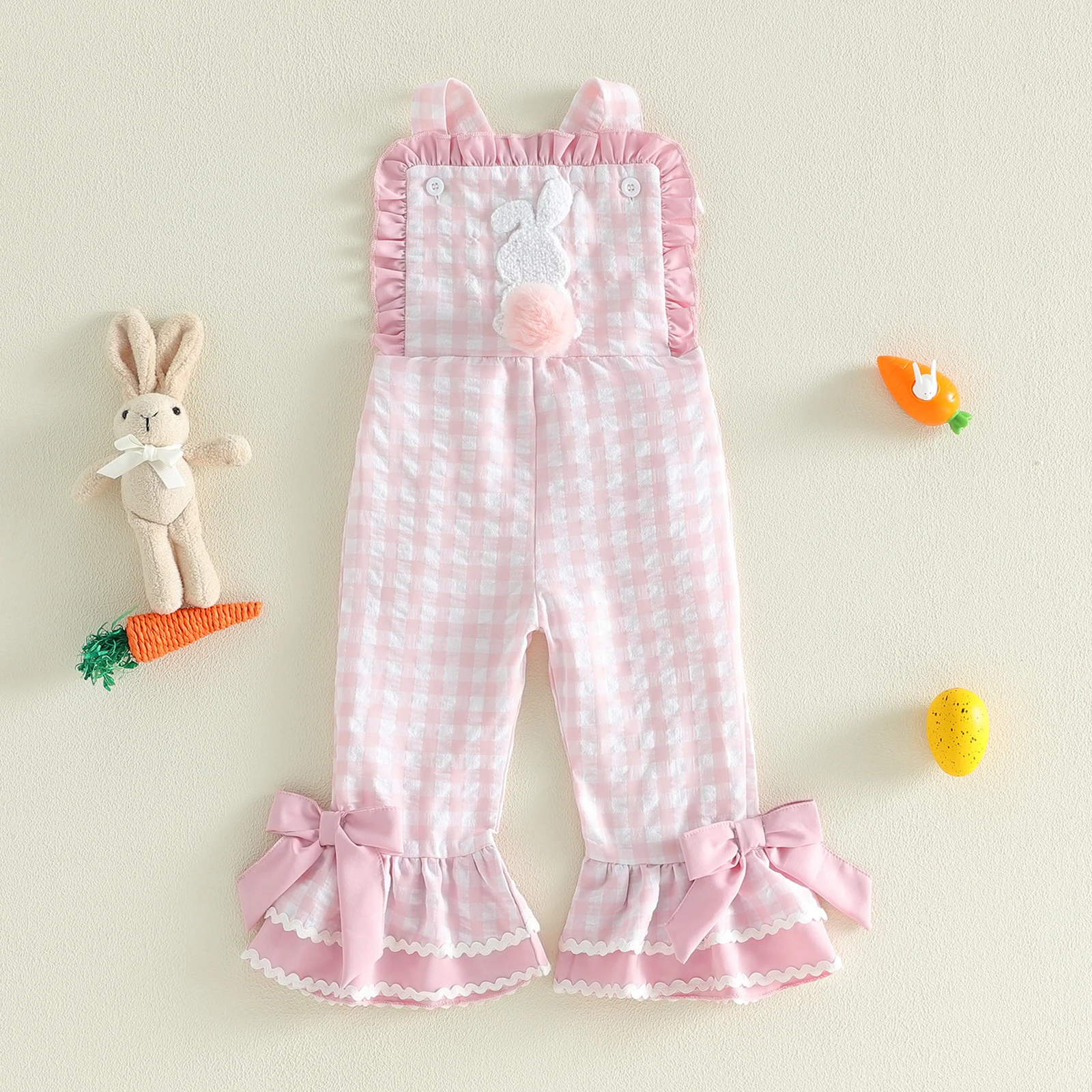 1-5Years Kids Girls Overalls, Cute Plaid Rabbit Bows Flare Pants Easter Clothes for Casual Daily