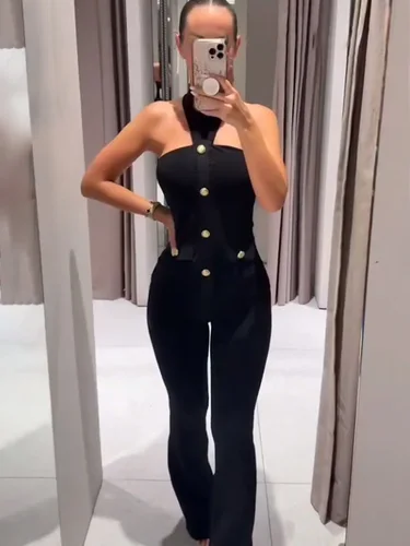 HH Conjunto de 2 piezas para mujer, cuello elástico, diseño de botones Halter, sin mangas, espalda descubierta, Top Sexy + pantalón largo ajustado con cintura elástica informal