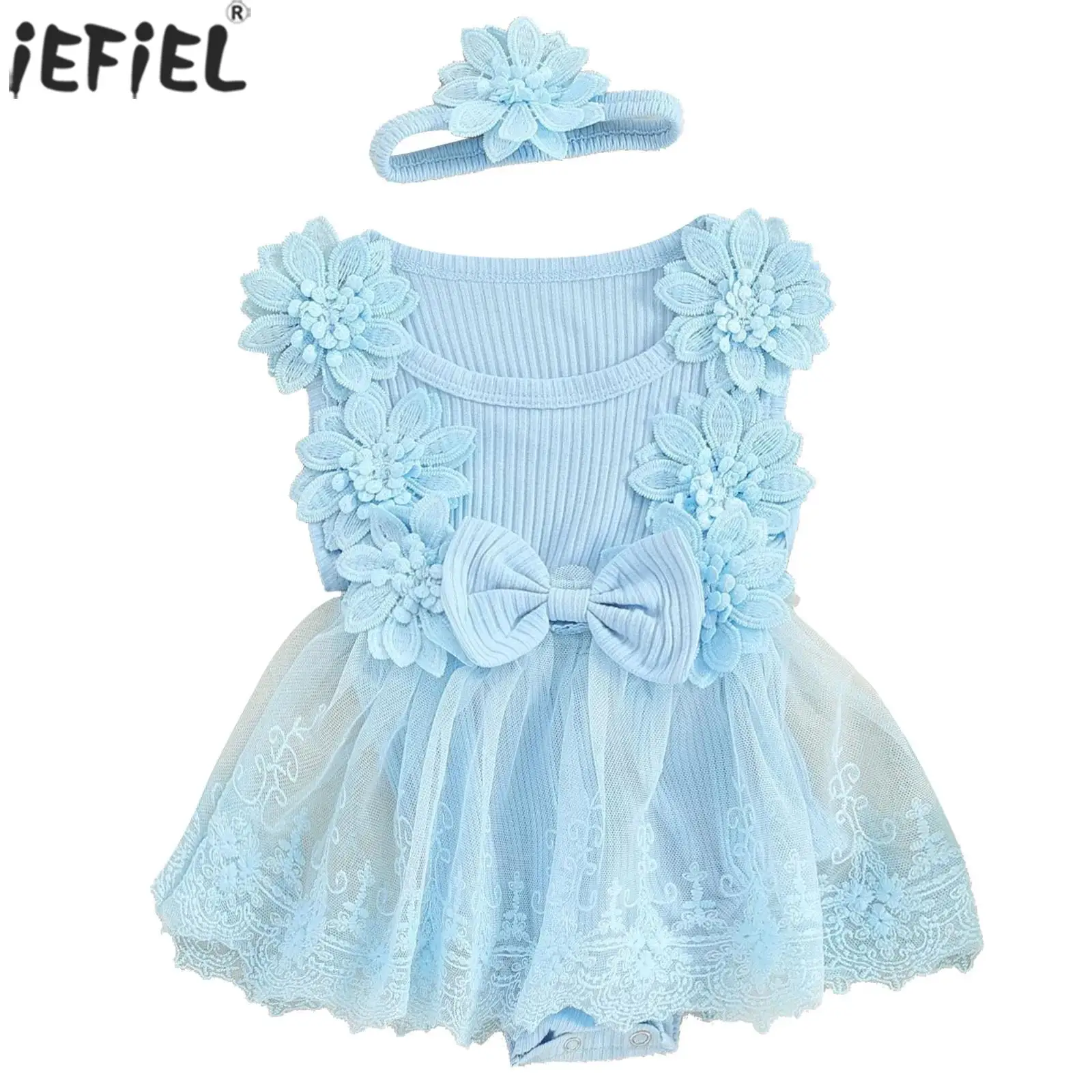 

Infant Baby Girls Summer Flower Dress Sleeveless Rib Knit Lace Tulle Dresses Romper Wedding Birthday Party Clothes with Headband