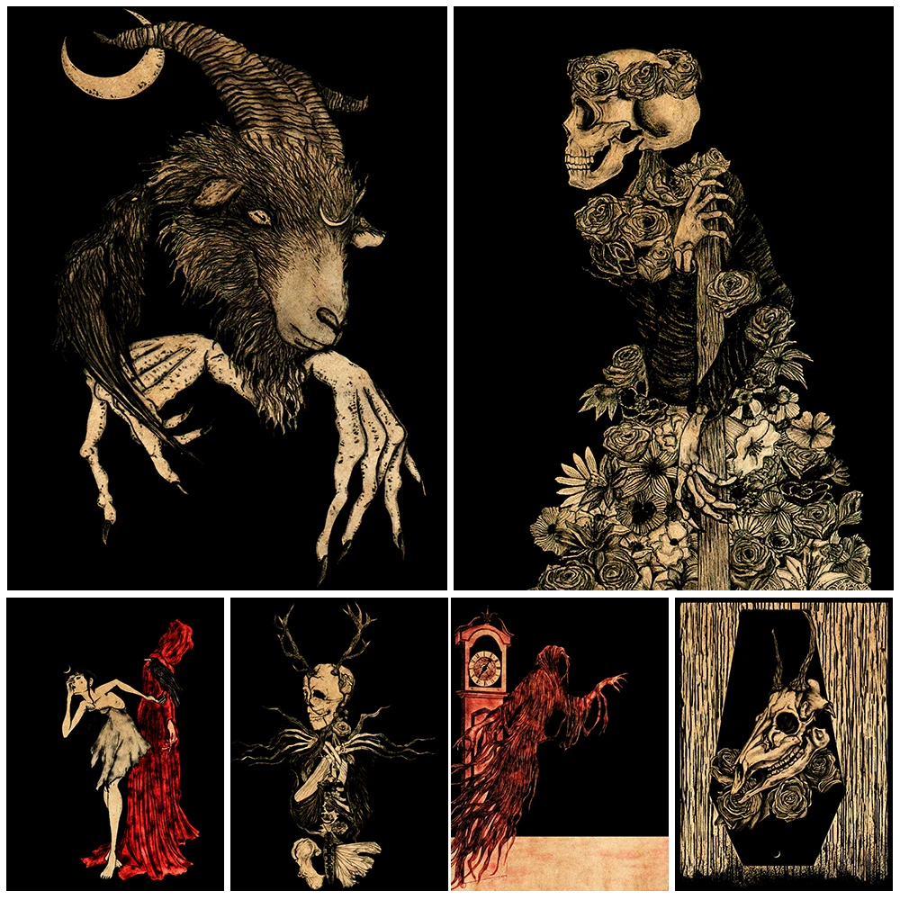 

Baphomet Devil And Cernunnos Skeleton Vintage Wall Art Canvas Painting Pestilence And Despair Dark Death Art Poster Prints Decor