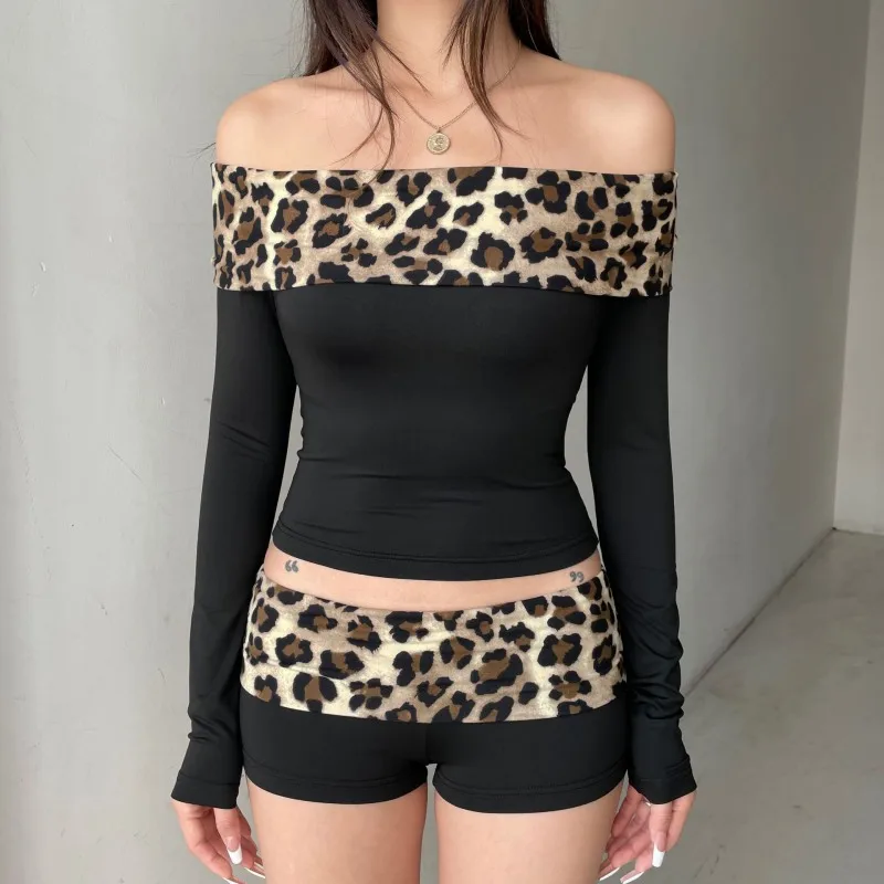 Leopard Print Patchwork Crop Top for Women Y2K Aesthetics Of Shoulder Long Sleeve T Shirts Clothes