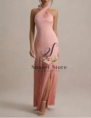 Customized Blue Floor-Length Satin Evening Dress Halter Sleeveless Prom Dress 2025 Pleated A-line Party Dress