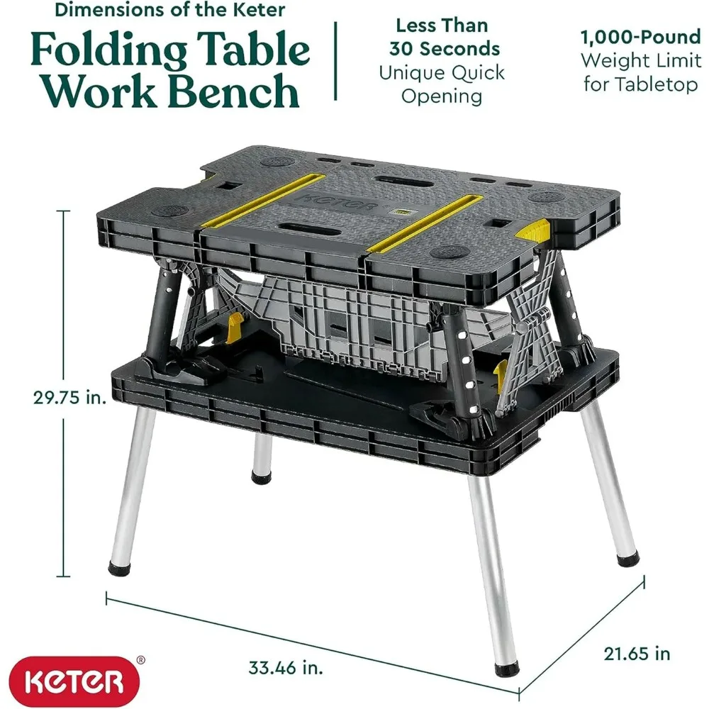 Heavy-Duty Folding Workbench with 1,000 Pound Capacity - Foldable Work Table Outdoor Workshop 12 Inch Adjustable Clamps