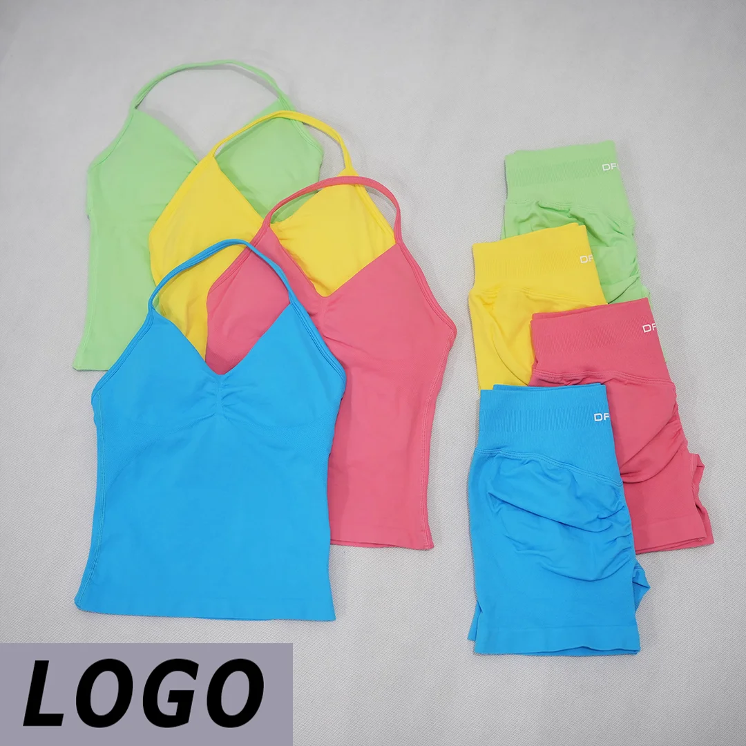 DF-LOGO Women Seamless 2 Piece Workout Set Backless Yoga Vest High Waist Tight Shorts Breathable Sportswear Gym Fitness Running