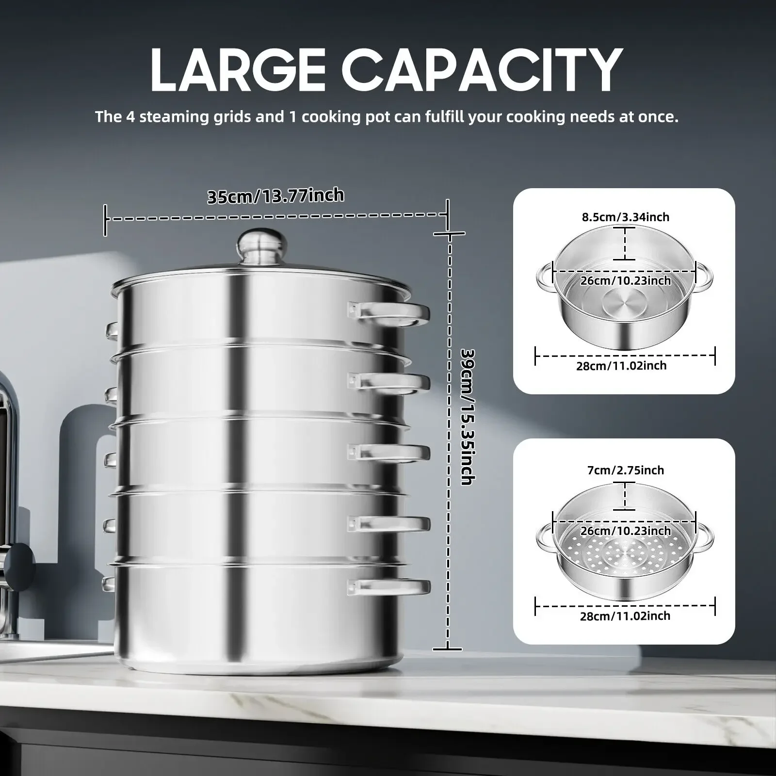 Stainless Steel 5-Tier Steamer: Large Capacity Multi-Layer Soup and Food Steaming Pot with 28cm Double Ears for Heat Resistance