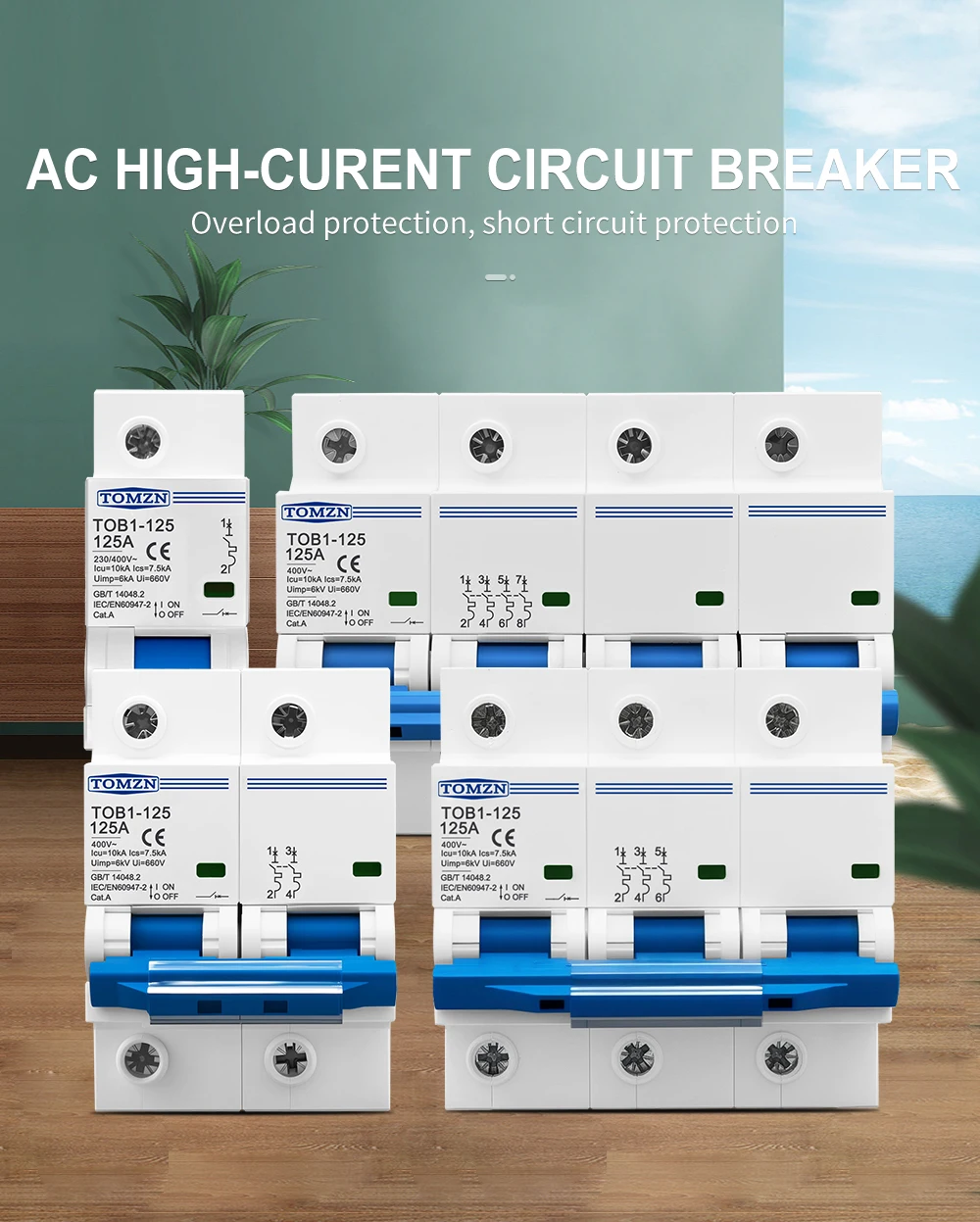 TOMZN 1P 2P 3P 4P 400V AC High-current MCB 80A 100A 125A Circuit Breaker Switch Short-circuit Overload Protection 10kA