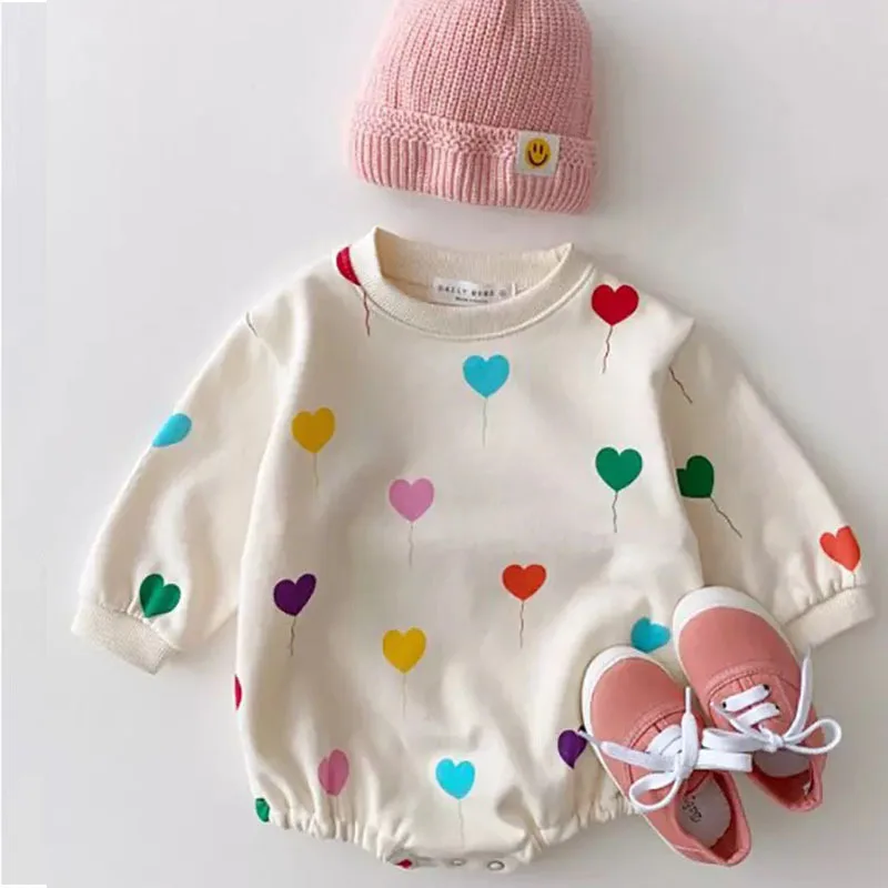 2024 Korean Spring Autumn Baby Girls Romper Cotton Printed Love Balloon Long Sleeve Jumpsuit Pullover Loose Toddler Girls Outfit