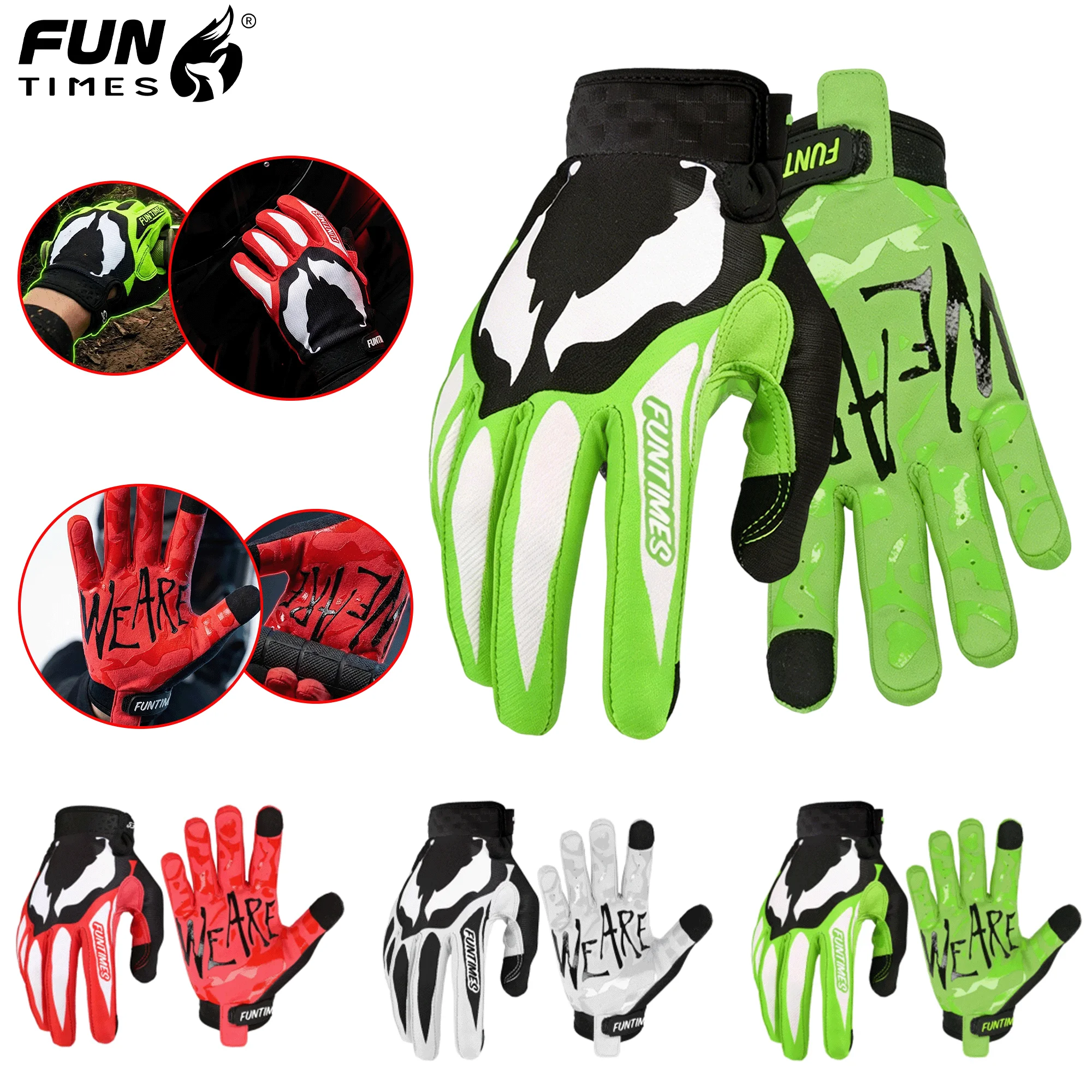 FUNTIMES New 2-Color Outdoor Cycling Full Finger Gloves for Men, Fashion White/Green, Fitted Finger Gloves