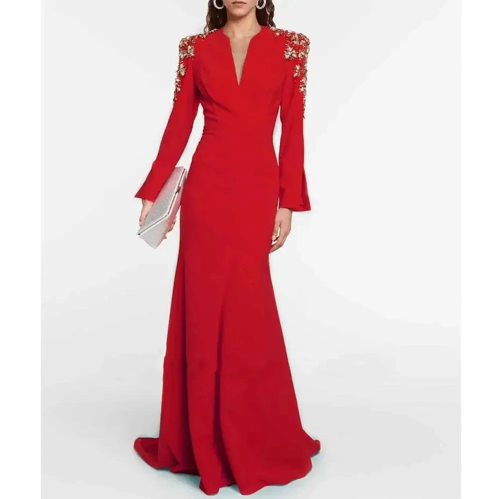 Elegant Red  Evening Gown Rhinestone Luxury V-Neck Prom Dress Mermaid High Long Sleeves Beading Saudi Arabia Women Formal Dress