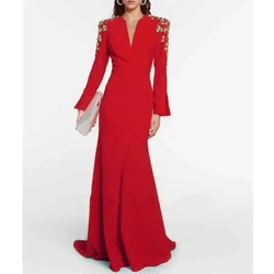 Elegant Red  Evening Gown Rhinestone Luxury V-Neck Prom Dress Mermaid High Long Sleeves Beading Saudi Arabia Women Formal Dress