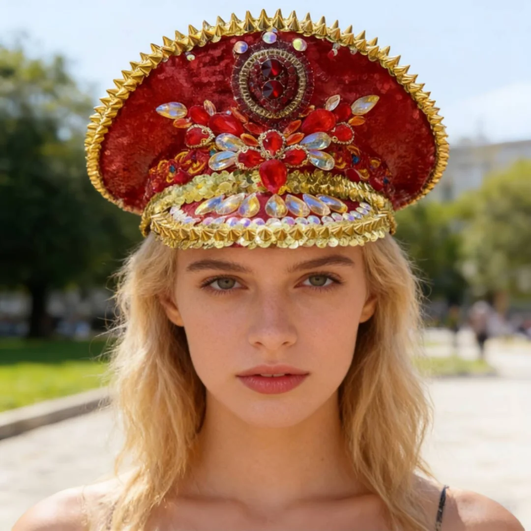 

Женская шляпа капитана со стразами, косплей-кепка, роскошные праздничные головные уборы, аксессуары для костюмов на Burning Man, Хэллоуин, аниме-конвенции