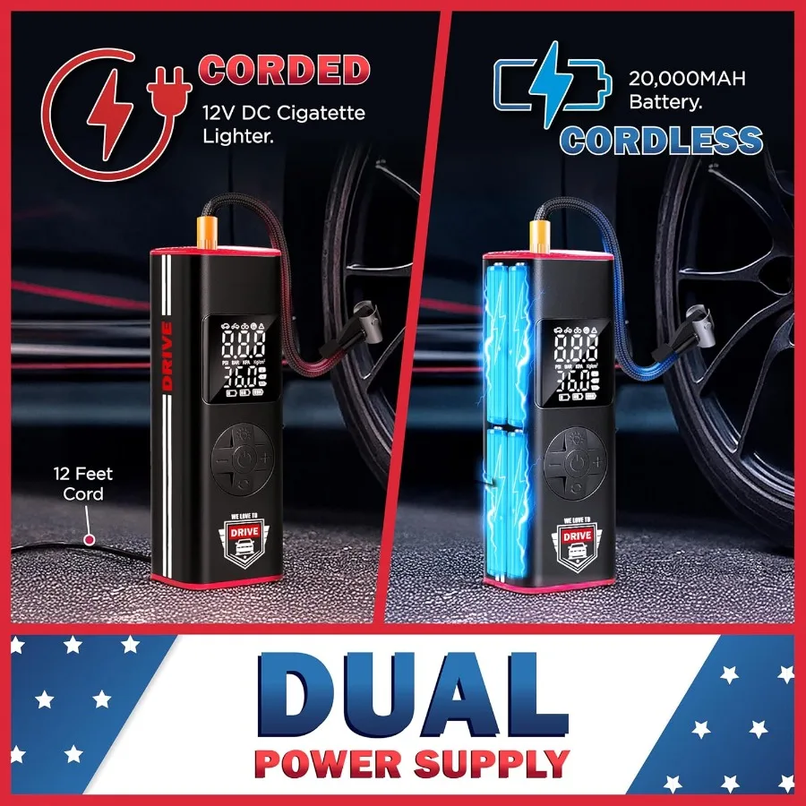 ضاغط هواء كهربائي محمول 12 فولت تيار مستمر لمنفاخ إطارات السيارات مع أقصى ضغط 150 رطل لكل بوصة مربعة ومقياس ضغط الإطارات المدمج