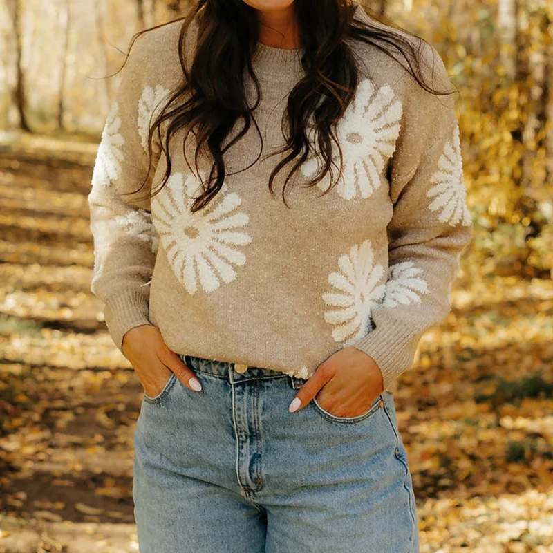 

Women's Khaki Snowflake Pattern Crew Neck Knitted Sweater Long Sleeve Autumn Winter Casual Loose Fit Daily Fashion Pullover