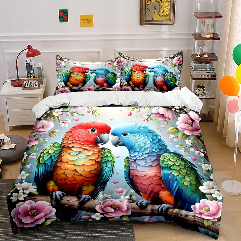 Colorful parrots on flowering branches Print Bedding Set 1 Duvet Cover 2 Pillowcases for Adult and Children Luxury Gift