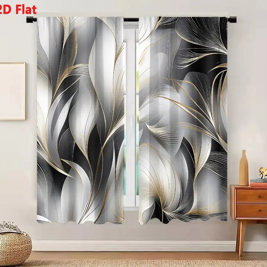 2Pcs Curtains 2D Flat Abstract Silver Grey White Black Gold Feather Petal Art Modern Fluid Ornamental Design Window Drapes for B