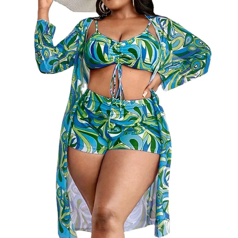 Cikini-3-Piece Swimsuit for Women, Long Print Blouse, Drawcord Corset, High Waist Swimwear, Summer Beach Bikinis Set