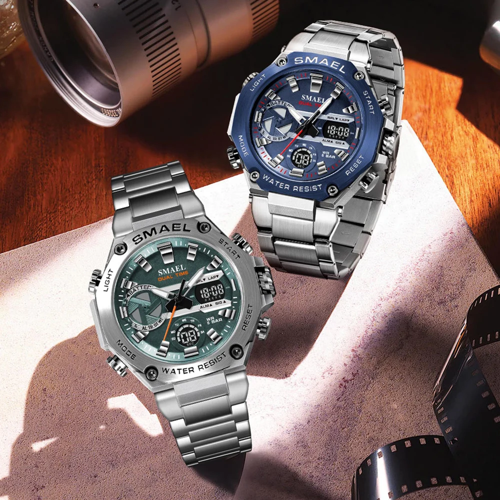 SMAEL مشاهدة الرجال العلامة التجارية الفاخرة الفضة الفولاذ المقاوم للصدأ الرياضة الذكور ساعة رقمية التناظرية الكوارتز العسكرية مقاوم للماء ساعات المعصم