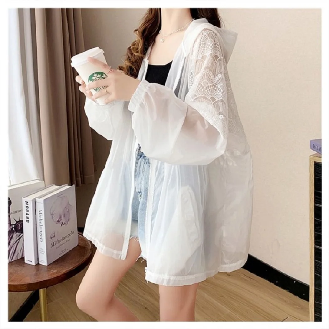 Sunscreen cardigan zipper hooded thin fitting loose patchwork lace jacket for women's spring and summer new style