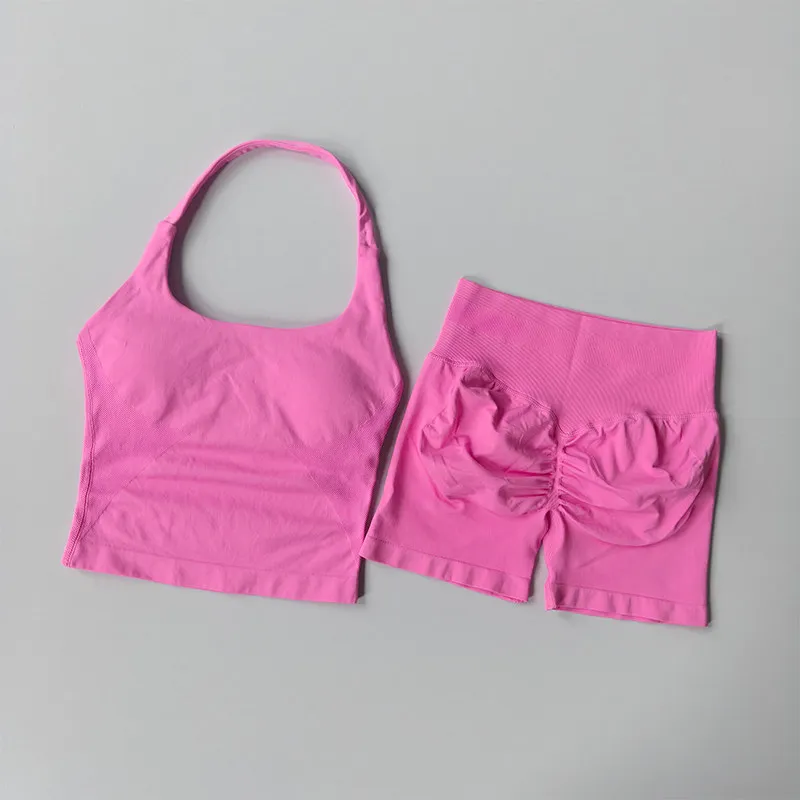 Damen-Sport-BH-Set mit Halsband, schöner Rücken, Yoga-Anzug, zweiteiliges Top, hochtailliertes, hüftformendes Fitness- und Gym-Set, Shorts-Sets – Detail 16