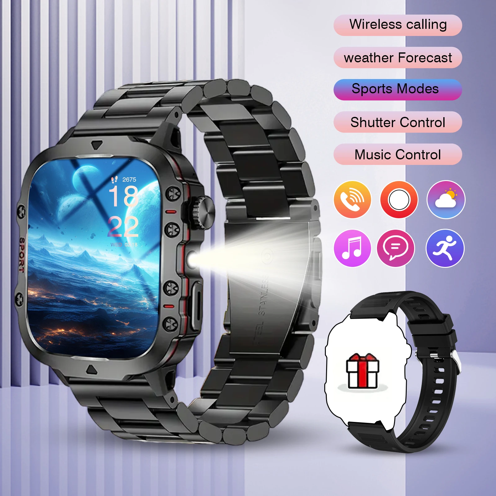 Reloj inteligente, llamada Bluetooth, recordatorio de mensajes, dos correas opcionales, adecuado para teléfonos iPhone/Android