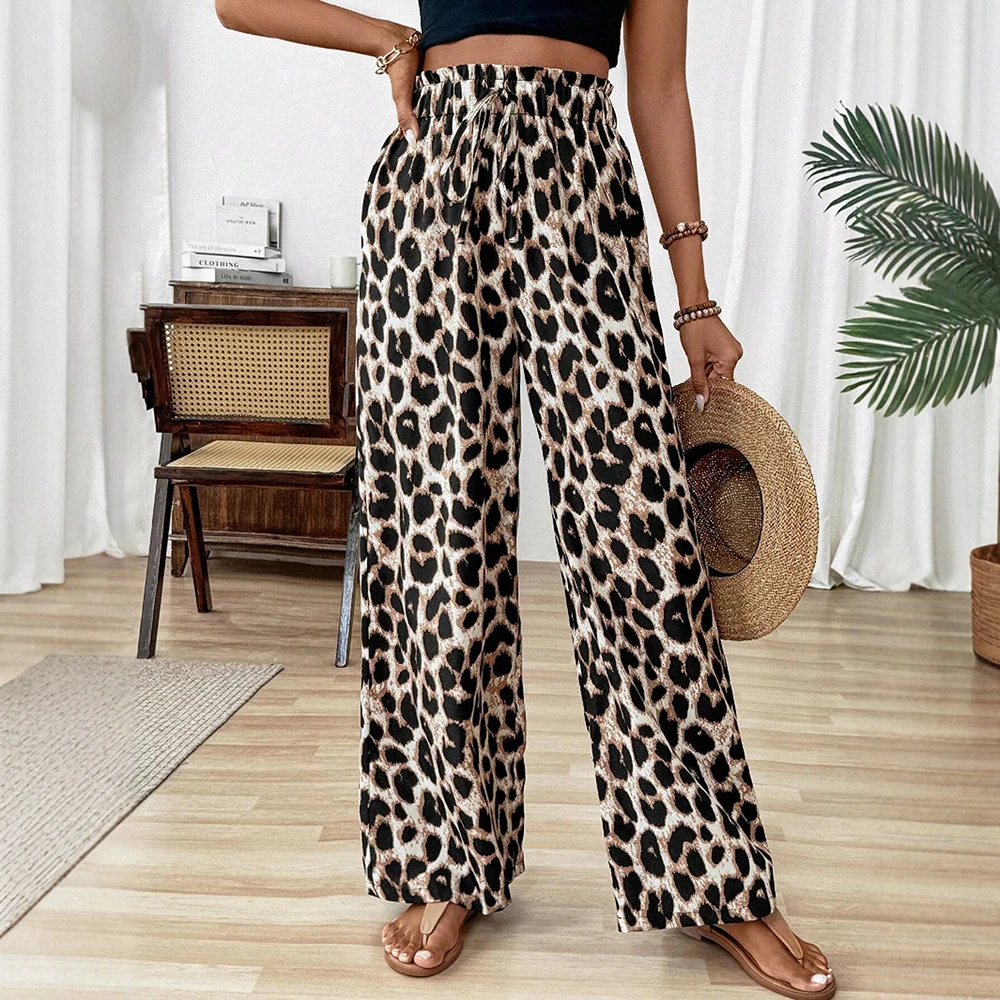 Summer New Fashion Leopard Print High Waist Full Length Straight Casual Pants For Women Comfortable and versatile wide leg pants