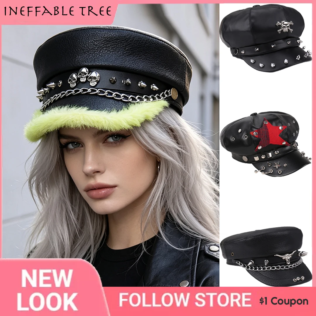 Y2K Gothic Punk Rock Skull Metal Spike Flat Hat for Women Men PU Leather Hip Hop Street Dance Newsboy Festival Streetwear Boinas