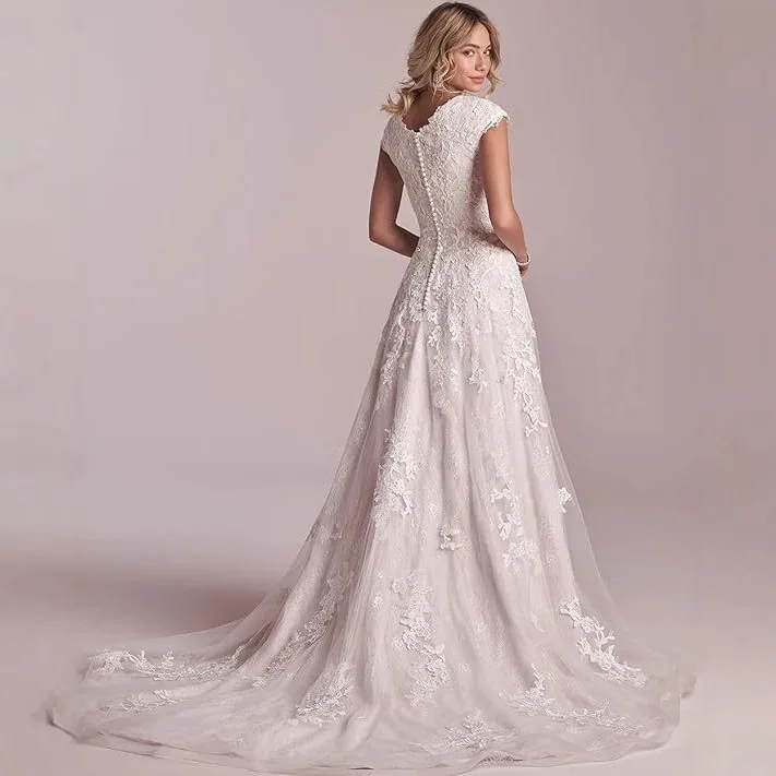 

New Lace Short Sleeve Bridal Wedding Dress High Sense Small Tail