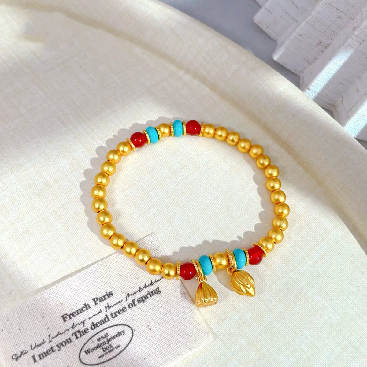 الرجعية لوتس البذور قلادة سوار العتيقة الذهب الحرفية جولة الخرز أساور للنساء الفيروز ضوء المجوهرات الفاخرة #4