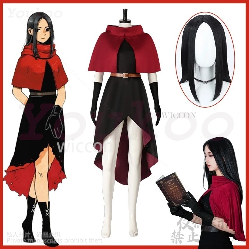 Costume de Cosplay Anime Delicious In Dungeon Rinsha Fana, cape châle rouge, robe noire, uniforme Sexy, perruques pour femmes et filles