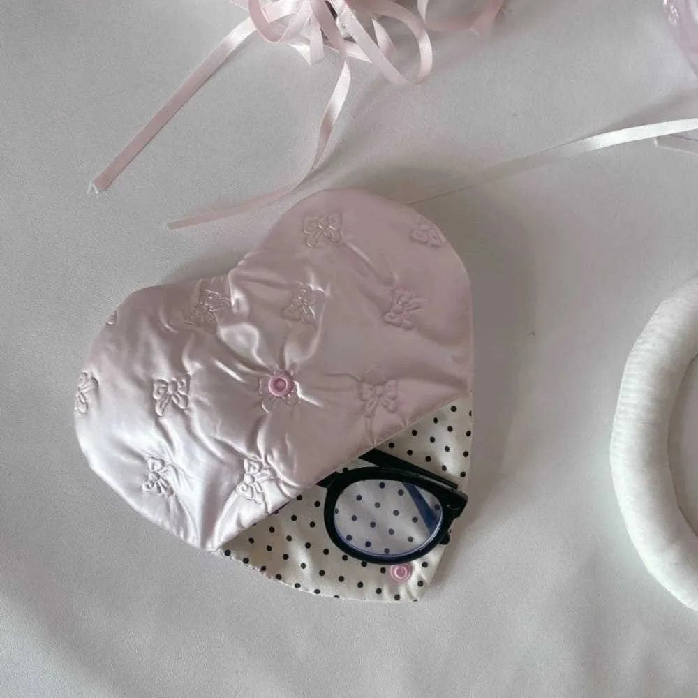 Bolsa de óculos em relevo com laço portátil coração rosa multifuncional bolsa de moedas à prova d'água caixa de óculos de couro PU