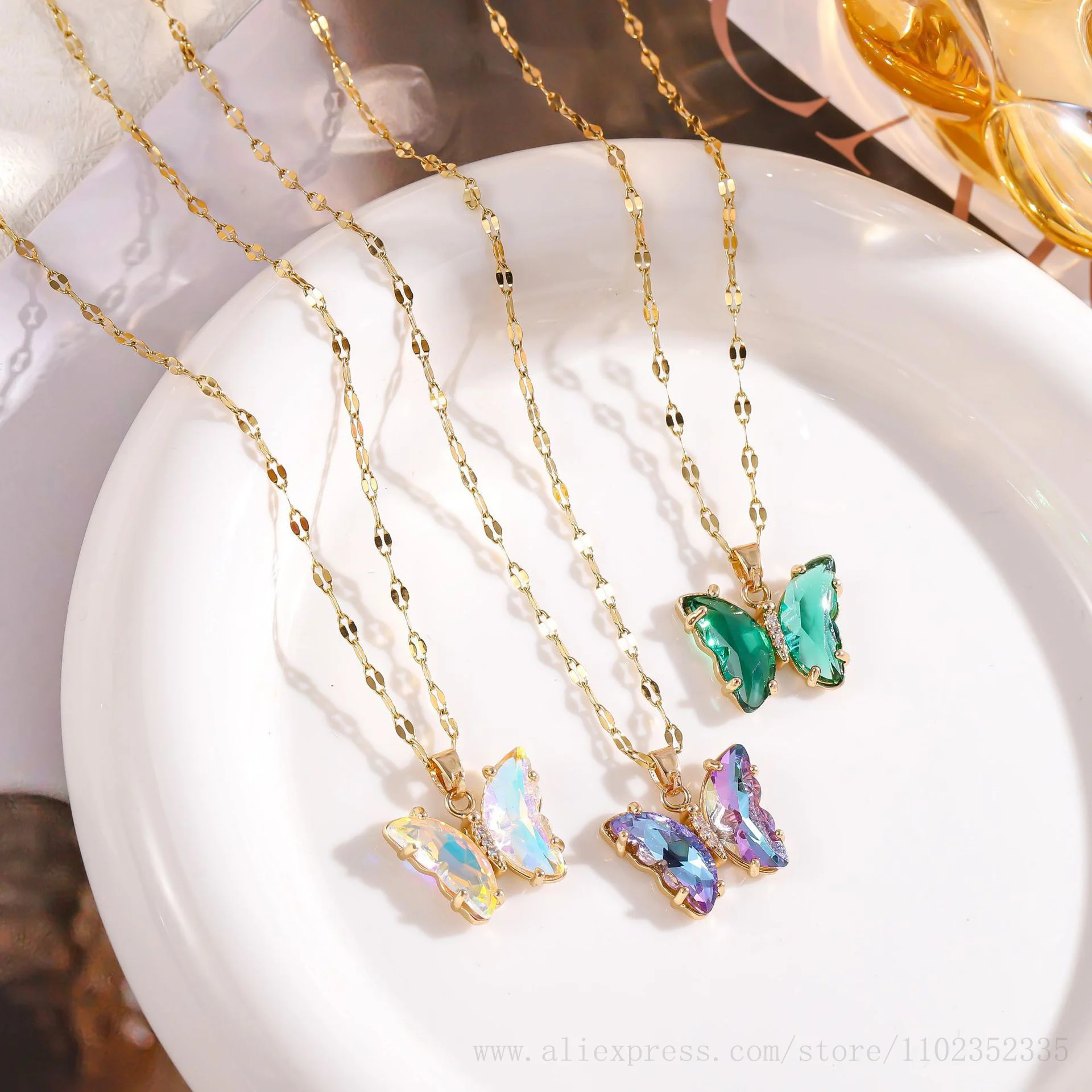 Gradient Color 18k Gold Butterfly Women Necklace Stainless Steel Green Purple White Zircon Butterfly Necklace 10pcs/ Bag