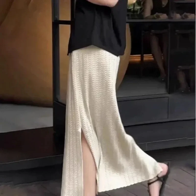 New Elegant Knitted Skirt Women Autumn Crochet Hollow Out High Waist Slim Elastic Split Casual Skirts Office Lady A-Line Jupe