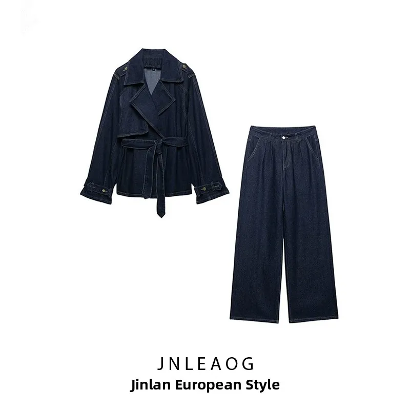 

Faionable Blue Belt ort Wide Version Denim Sle Jaet Women's Spring New Arrival Casual Pure Color Polyester Fiber Coat