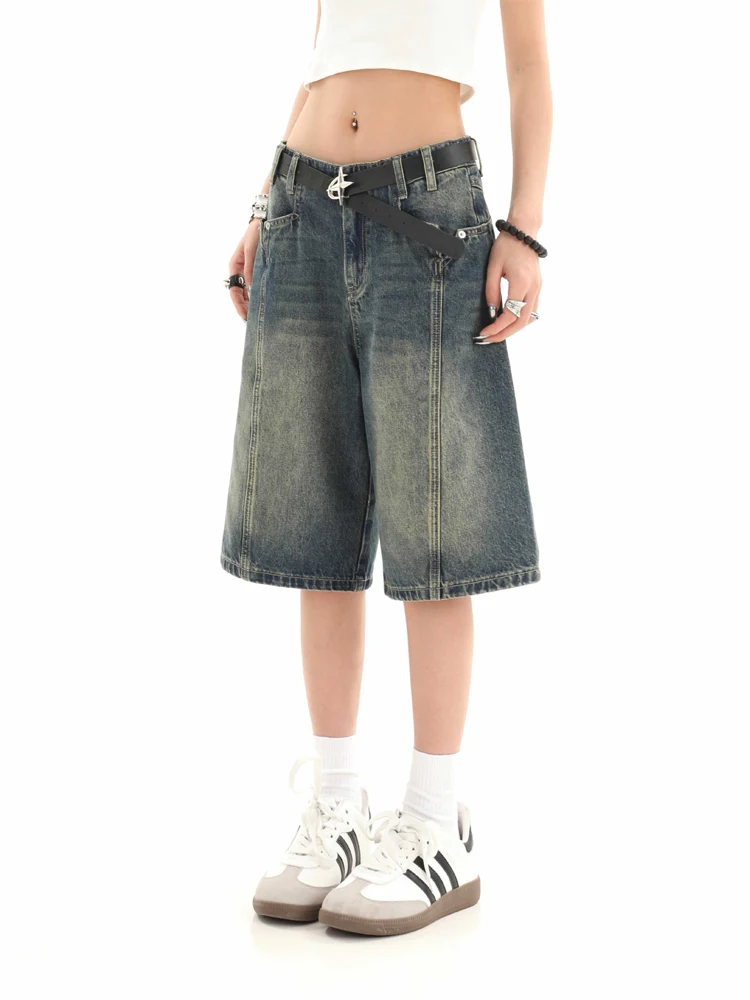 Women's Dark Blue Denim Shorts Hight Waist Jeans Shorts 2000s Vintage Y2k Cowboy Medium Short Pants Harajuku Clothes Summer 2025