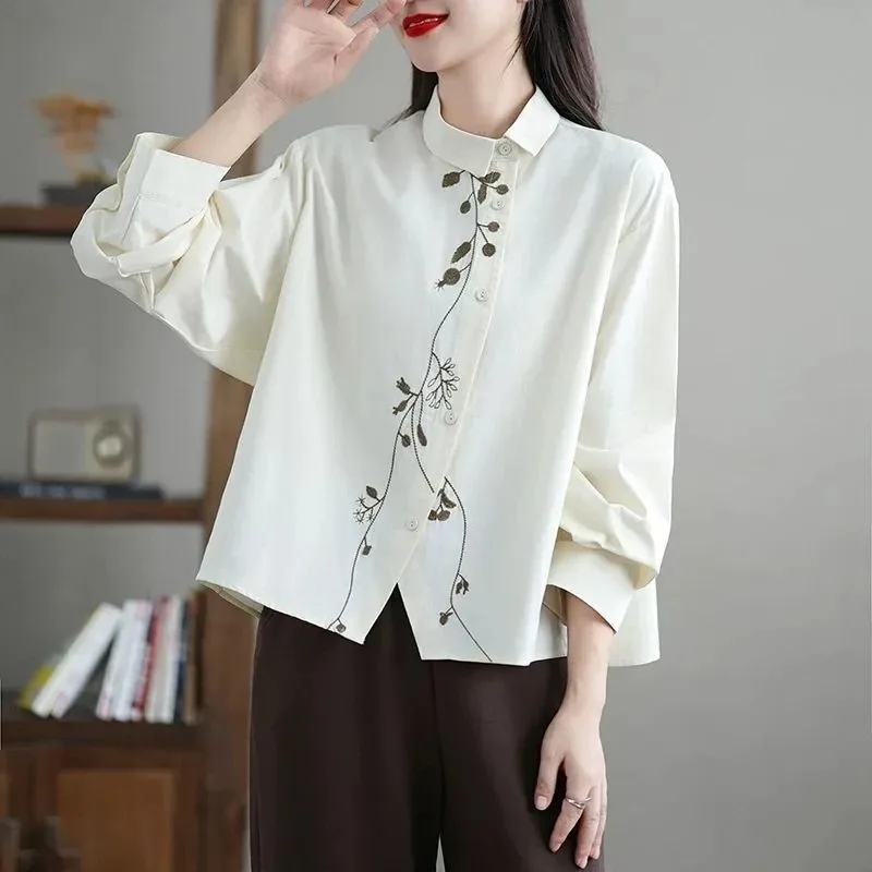 Women Retro Chinese Floral Embroidery Shirt Lapel Loose Japanese Literary Long Sleeve Casual Versatile Blouse Autumn Daily Top
