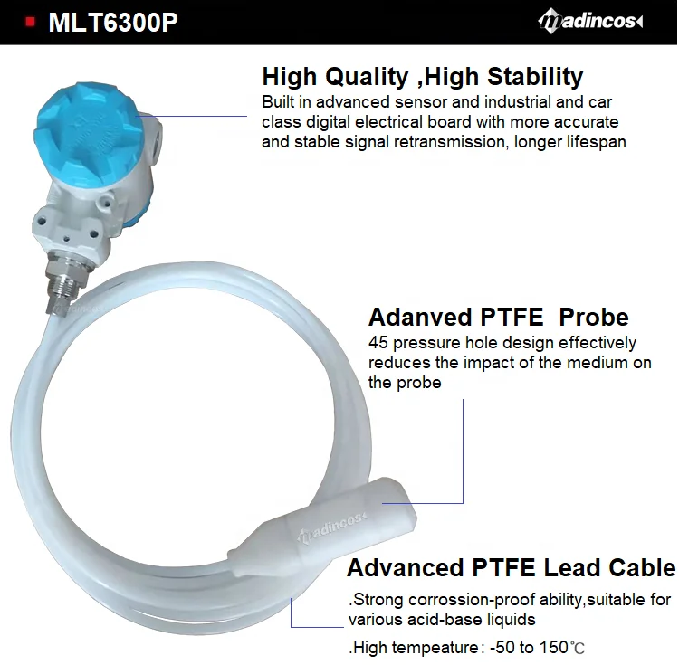 MLT6300P:Submersible Throw-In Corrosive Strong Acid-Base Corrosion-proof 4-20ma Liquid Level Transmitter with PTFE sensor Probe