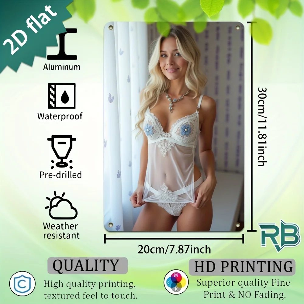 Vintage Metal Tin Sign, Smiling Blonde Girl Floral Bikini Backyard Pool Wall Decor for Home Garage
