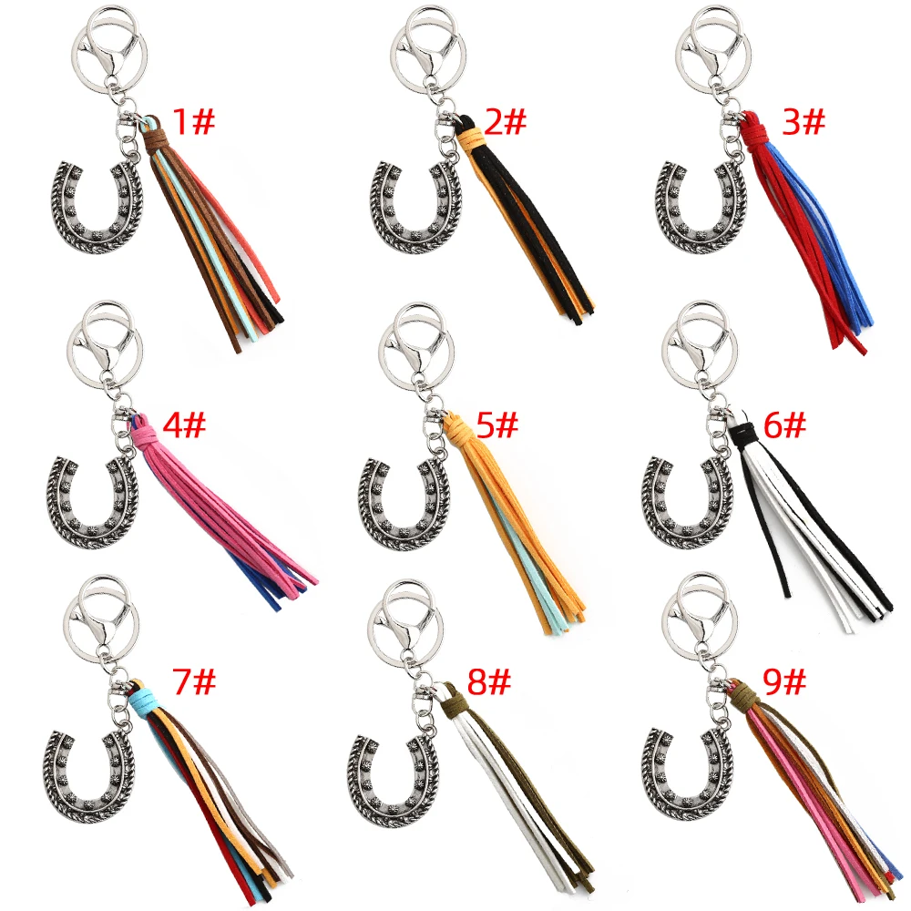 Horseshoe Multilayers Fringe Keychain For Women Sun flower Western Style Retro Cowboy Pendant With Buckle Statement Keychain