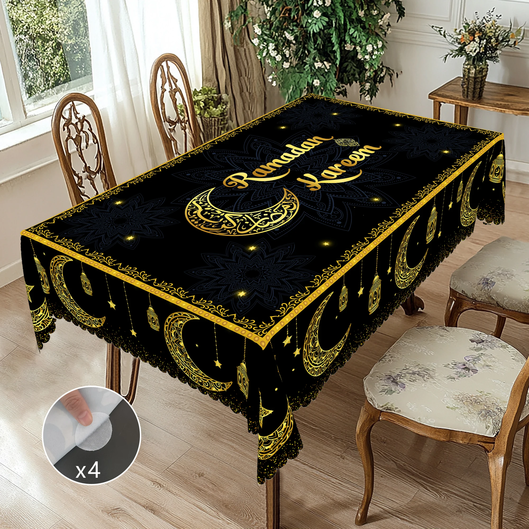 1-teilige runde und rechteckige Tischdecke in Schwarz und Gold, erhältlich in 5 Größen, bedruckte runde dekorative Tischdecke mit Halbmond, Sterne, islamischen Laternen und Mandala-Muster, geprägten Kanten, Ramadan-Tischdekoration für Zuhause, Atmosphäre, geeignet für den Alltag, Halbsaat, Halbsaatmosphäre mit Halbmond, Sonsuch, Sons, Sons, Sons, Sons, Sons, Stern, Sonstigeszimmer, Stern, Stern, Sämmung mit Halbmond, Sons