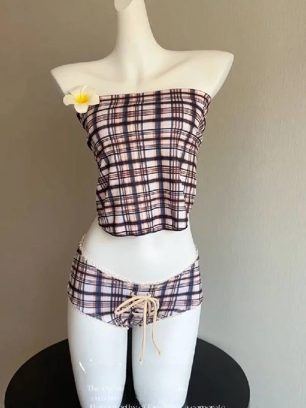 

Сексуальный комплект бикини в британском ретро-стиле в клетку для отдыха на горячих источниках, купальник с подкладкой на груди без стального каркаса