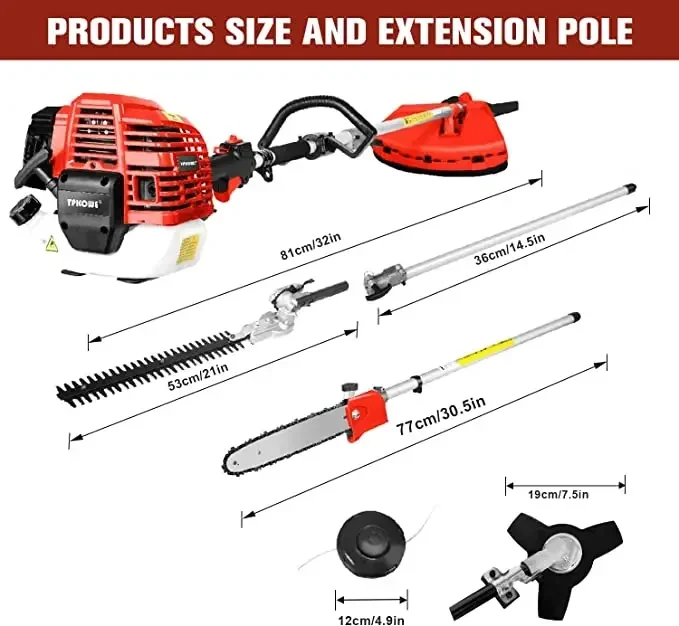 4 in 1 Trimming Tool 52cc 2-Stroke Engine Garden Tool System with Hedge and String Trimmer, Gas Pole Saw, Brush Cutter