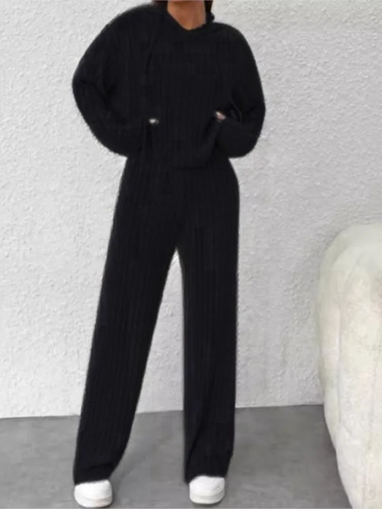 Moletom feminino casual de malha com capuz listrado, calça solta de manga comprida, conjunto de duas peças, cor sólida, novo, primavera, outono