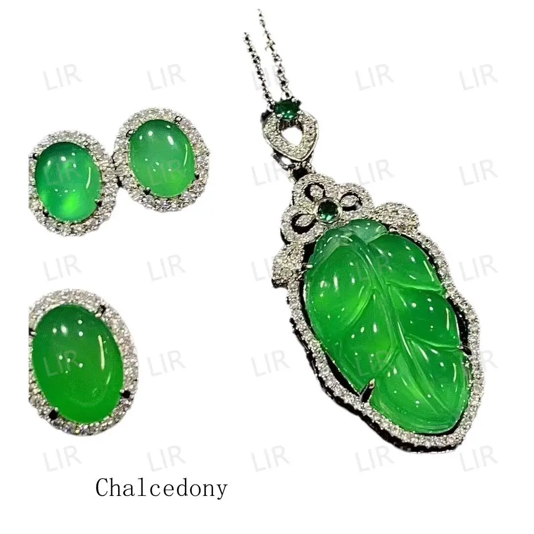 

LIR Silver Plated Chalcedony Leaf 3-Piece Set | White/Green Zircon Inlaid Feminine Luxury Versatile Gift Box Free Shipping